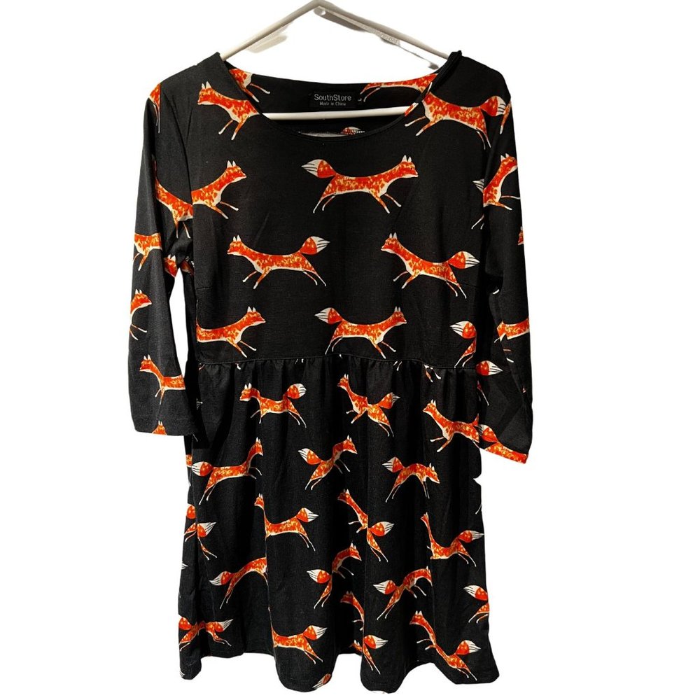 Fox print dress, long sleeve, baby doll size L